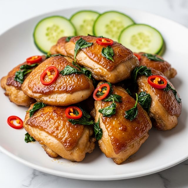 The image shows a close-up of a dark round plate with several pieces of golden-brown chicken wings coated in a shiny sauce. The wings are garnished with small chopped green herbs and thin slices of bright red chili peppers spread evenly on top. At the back of the plate, there are slices of fresh green cucumber placed as a side. The plate sits on a white marbled surface, and a woman's hand holding a piece of chicken wing is visible on the left side. photo taken with an iphone --ar 4:5 --v 7