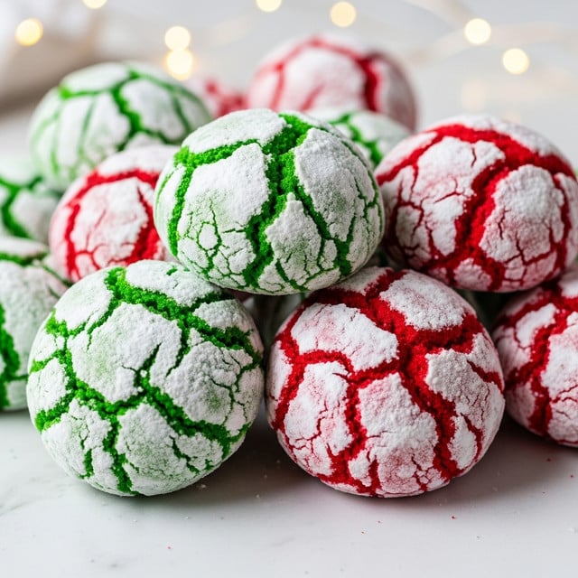 A close-up view of a pile of crinkle cookies dusted with white powdered sugar on a white marbled surface. The cookies show cracked patterns with two main colors: bright red and deep green. Each cookie has a soft, round shape with visible cracks filled with powdered sugar, making the colors look like veins spreading evenly from the center outwards. The red and green cookies are stacked together in a slightly messy way, and there are soft, unfocused fairy lights glowing warmly in the background. photo taken with an iphone --ar 4:5 --v 7