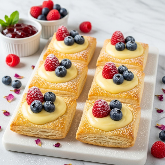 Six square pastries are arranged neatly on a white marbled board, each showing three clear layers of flaky, golden-brown puff pastry. The top layer has an open square center filled with smooth, creamy yellow custard. On top of the custard, there are fresh red raspberries and dark blue blueberries, dusted lightly with powdered sugar and small pieces of dried rose petals. In the background, there is a white, flower-shaped bowl filled with raspberries and blueberries and a small white bowl filled with dark red jam. The setting is on a white marbled surface with some soft natural light. Photo taken with an iphone --ar 4:5 --v 7
