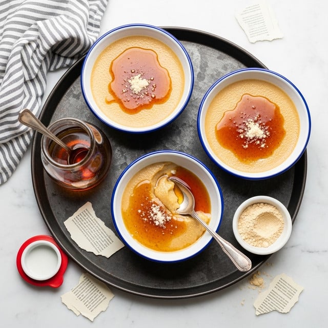 Three small white bowls with blue rims sit on a round dark metal tray placed on a white marbled surface covered partially by old book pages. Each bowl contains a pale yellow pudding with a smooth glossy texture, topped with an amber brown syrup and small white sprinkles. One bowl has a spoon inside, scooping out a creamy, soft piece of pudding, showing its thick and silky texture. Next to the bowls is a clear glass syrup pitcher with amber syrup inside and a red lid nearby. A striped gray cloth and a silver spoon rest on the edge of the tray. photo taken with an iphone --ar 4:5 --v 7