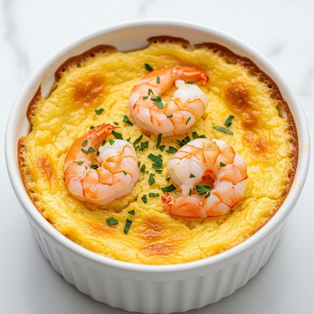 A white ceramic ramekin filled with a baked dish consisting of a creamy, light yellow base topped with three large cooked shrimp that are pink with a slight orange tint. The shrimp sit on a slightly browned, fluffy, pale cheese or egg layer covering the surface. Small green herb pieces are sprinkled on top and around the shrimp, adding a touch of fresh color. The ramekin is placed on a white marbled surface with some scattered chopped herbs around it. Photo taken with an iphone --ar 4:5 --v 7