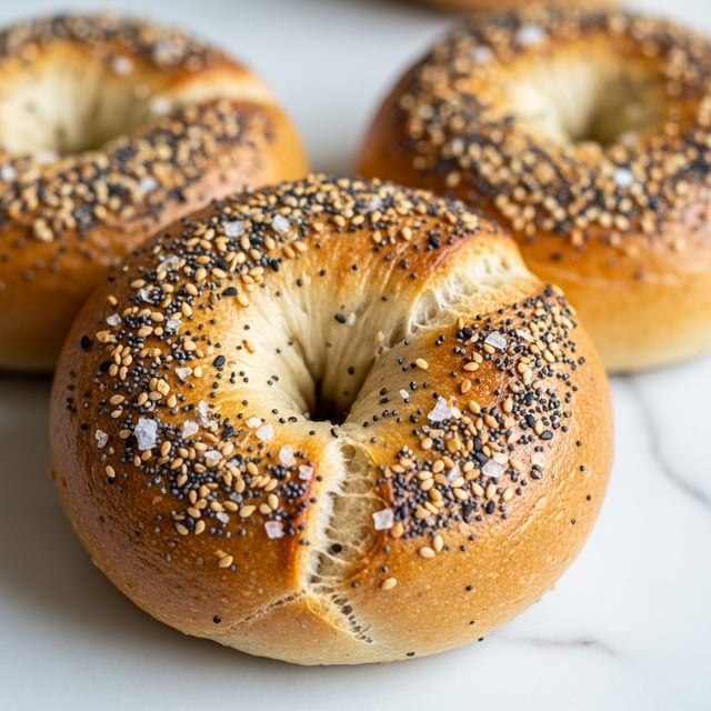 The image shows a close-up of four toasted bagels with a golden brown crust. Each bagel is covered with a mix of black and white sesame seeds, poppy seeds, and small salt crystals. The texture of the bagels looks crunchy on the outside and soft on the inside. They are placed close to each other on a surface that looks like white marble. The lighting highlights the bagels' shiny and slightly rough texture, making them look fresh and appetizing. Photo taken with an iphone --ar 4:5 --v 7