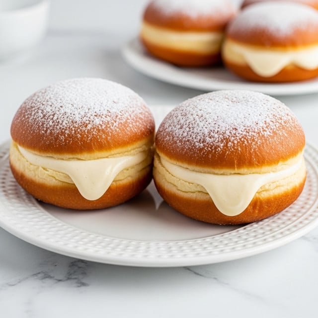 The image shows two golden brown donuts on a white patterned plate placed on a white marbled surface, each donut dusted with white powdered sugar on top. Each donut is sliced horizontally and filled with a smooth, thick layer of light cream filling, with one donut in the foreground and another slightly blurred in the background. The texture of the donuts looks soft and fluffy, and the cream appears creamy and rich. Photo taken with an iphone --ar 4:5 --v 7