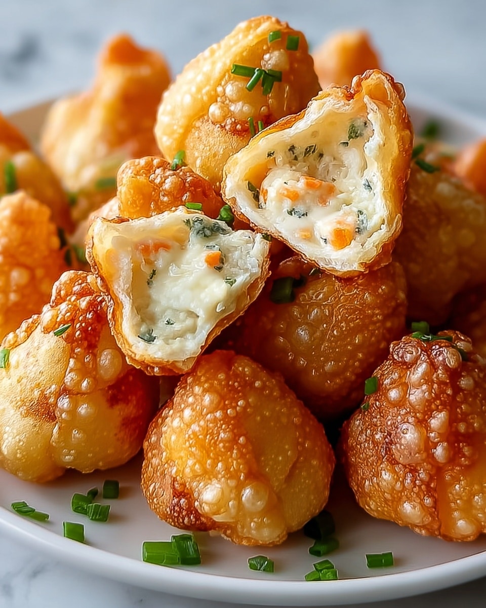 The image shows a close-up of crispy golden-brown fried bites shaped like small pouches with bubble-textured skin. One bite is cut open near the center, revealing a creamy white filling mixed with small bits of orange and green herbs. These bites are arranged on a white plate, scattered with bright green chopped chives, all set on a white marbled textured surface. Photo taken with an iphone --ar 4:5 --v 7