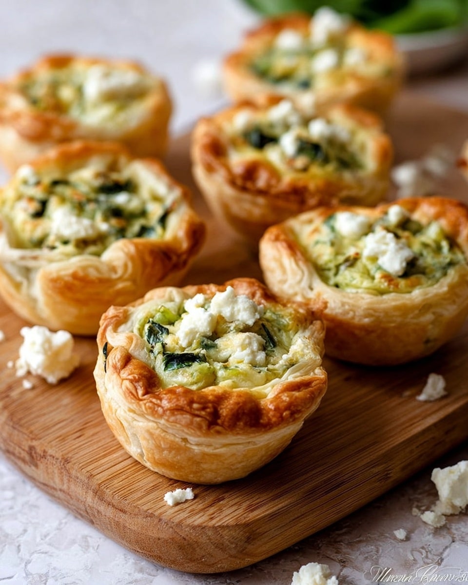 The image shows six mini savory pies arranged in two rows on a light wooden board placed on a white marbled surface. Each pie has a flaky, golden-brown crust that curls upward at the edges, revealing a creamy filling inside. The filling is a mix of soft white cheese pieces and chopped green leafy vegetables, giving the top a textured look with scattered green and white colors. Around the pies, small white cheese crumbles are scattered on the board, adding extra detail. In the background, a white bowl is partially visible, slightly out of focus. The scene is softly lit, making the crusts look crispy and the filling fresh. Photo taken with an iphone --ar 4:5 --v 7