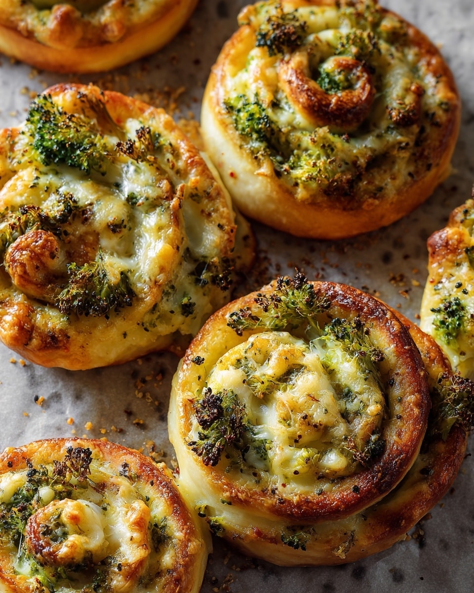 The image shows a close-up of seven golden-brown savory rolls placed on crumpled brown parchment paper. Each roll has a spiral shape with multiple layers of soft dough that is slightly crisp on the edges. Inside the swirls, there are pieces of green broccoli with visible texture and small flecks of melted cheese, giving a slightly bubbly look. The rolls have spots of browned cheese and herbs scattered throughout, adding a speckled effect of green and darker toasted bits. The photo is shot on a white marbled textured surface, highlighting the rich colors of the rolls. photo taken with an iphone --ar 4:5 --v 7