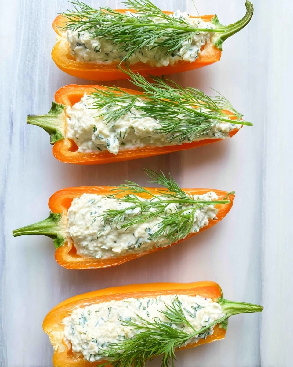 The image shows four orange mini bell pepper halves laid out in a row on a white marbled surface. Each pepper half is filled with a creamy white cheese mixture speckled with small bits of green herbs. At the wider end of each pepper, there is a sprig of fresh green dill sticking out, giving the appearance of a leafy green top. The bright orange of the peppers contrasts with the white cheese and the fresh green dill, creating a fresh and colorful snack or appetizer. photo taken with an iphone --ar 4:5 --v 7