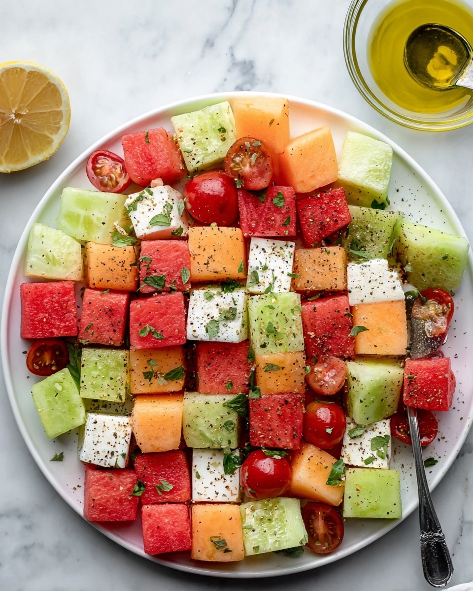 A white plate filled with a colorful salad arranged in a checkerboard pattern featuring four layers: red watermelon cubes, pale green cucumber cubes, orange cantaloupe cubes, and white feta cheese cubes all cut into even squares about the same size, with scattered halved cherry tomatoes adding deep red pops. The salad is sprinkled with black pepper, small green herbs, and a few leaves of fresh mint spread evenly on top. To the side, a glass bowl with golden olive oil and a silver spoon sits on a white marbled surface. photo taken with an iphone --ar 4:5 --v 7