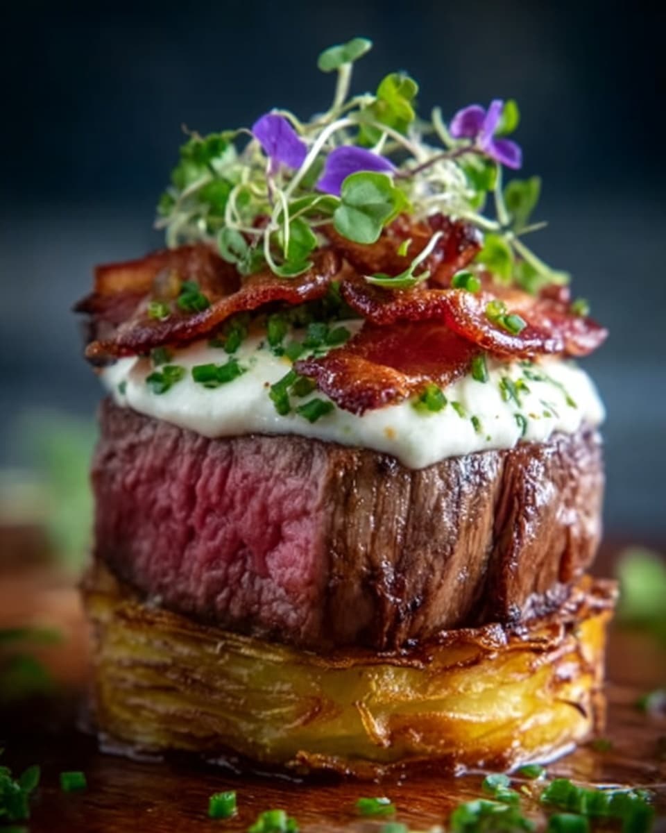 The image shows a stack of three main layers on a white marbled surface. The bottom layer is a golden-brown crispy potato cake with a slightly shiny texture. Above it sits a thick, round piece of grilled steak with clear grill marks and a dark brown, slightly charred surface. On top of the steak is a generous dollop of white creamy sauce. The dish is garnished with small green herb leaves, thin green chives, crispy reddish-brown bacon strips, and small purple edible flowers, adding color and freshness to the presentation. photo taken with an iphone --ar 4:5 --v 7