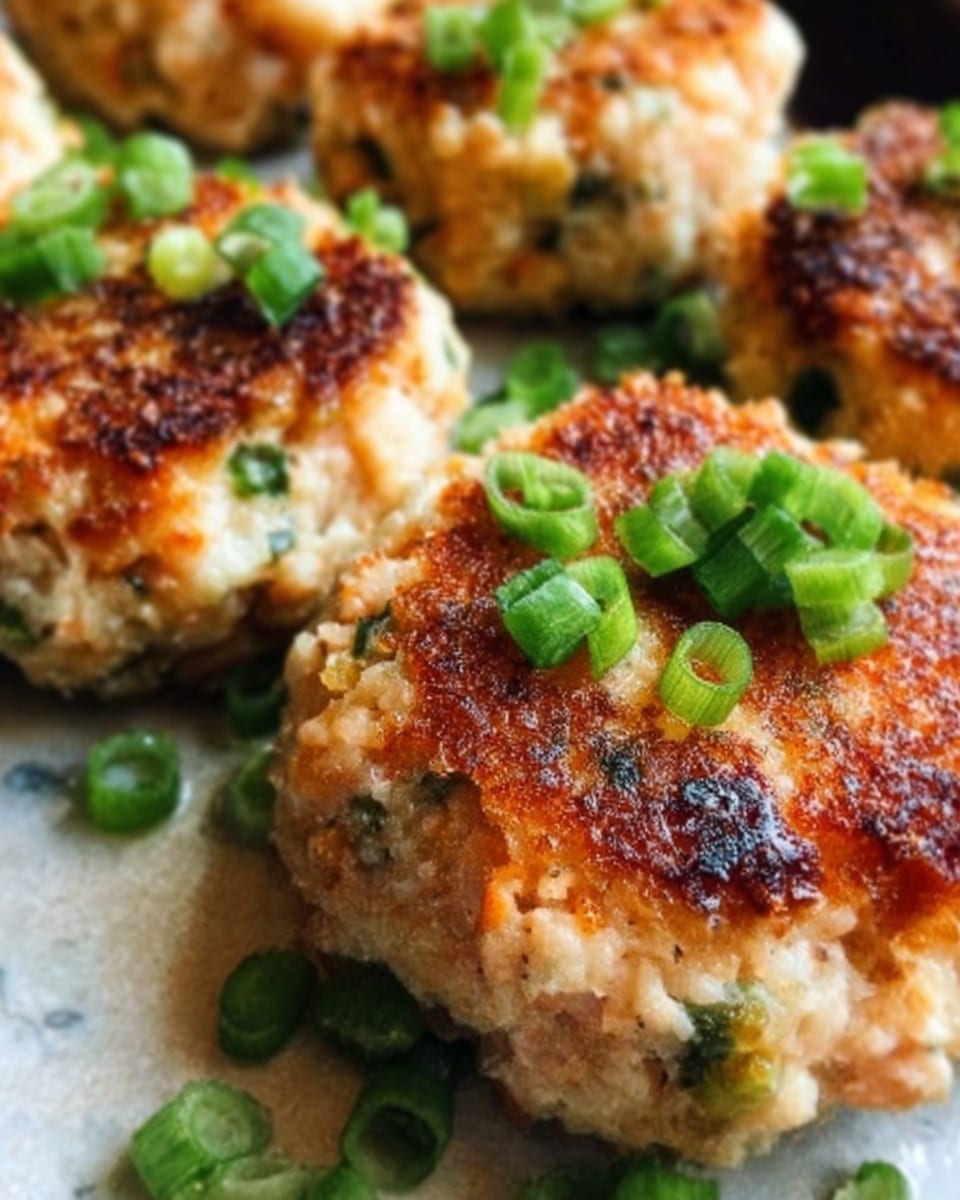 The image shows close-up of two round, golden-brown patties with a slightly crispy top layer, flecked with green pieces of scallions. Below the crispy crust, you see a mix of light beige and creamy textures with small green and orange bits, suggesting vegetables or herbs inside. The patties sit on a white plate with a smooth surface, and some green scallions are scattered nearby on a white marbled background. The overall look is warm, savory, and fresh. photo taken with an iphone --ar 4:5 --v 7