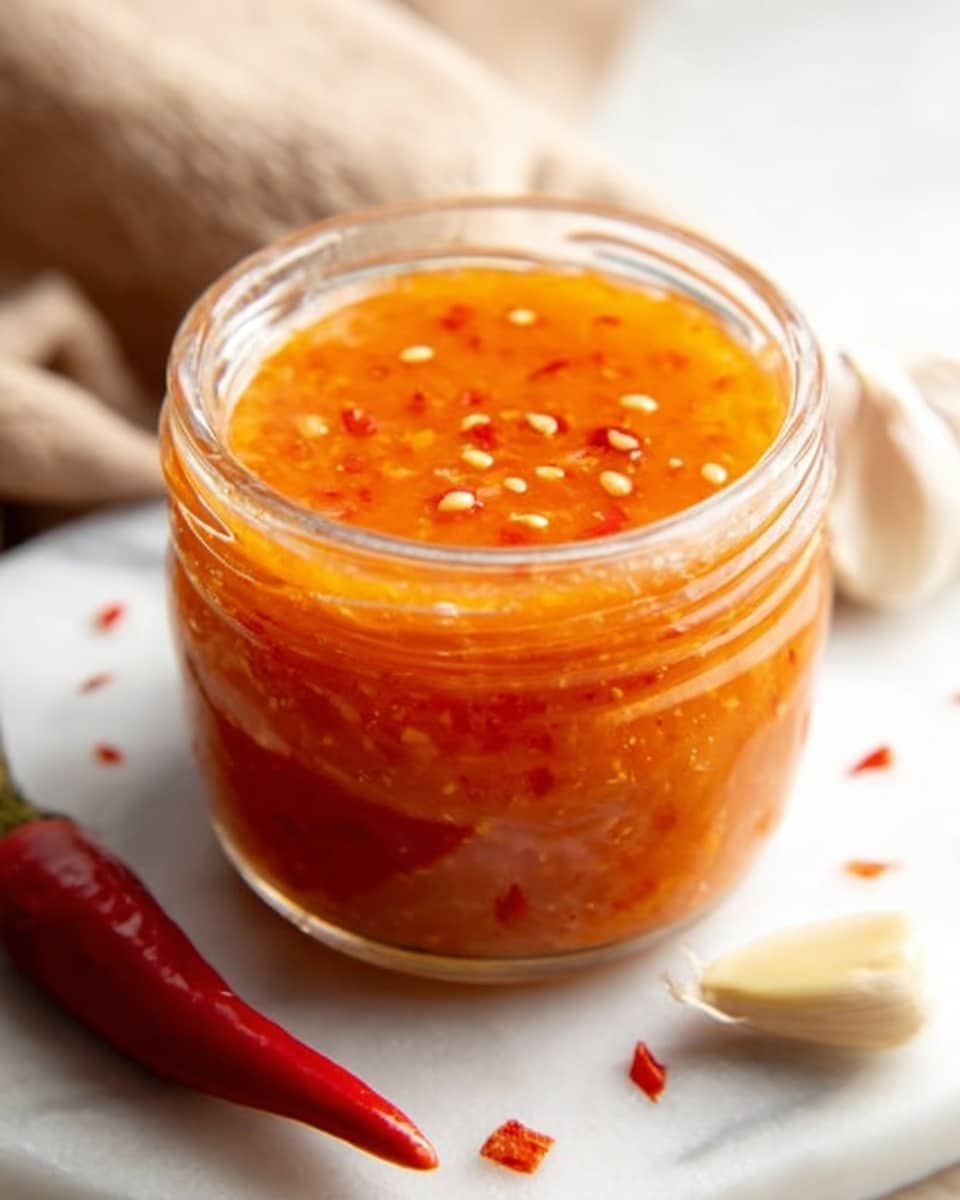 A small clear glass jar filled with bright orange chili sauce that has visible red and white chili seeds floating inside. The sauce has a thick, slightly chunky texture and fills the jar almost to the top. The jar is placed on a white marbled surface, with a red chili pepper and a garlic clove nearby, adding a fresh and spicy vibe to the scene. The background is soft and neutral, giving focus to the vibrant sauce. Photo taken with an iphone --ar 4:5 --v 7