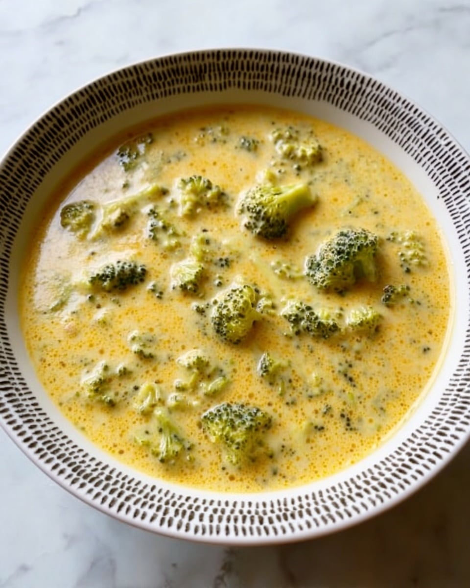 A white bowl with a black decorative edge filled with creamy broccoli cheddar soup. The soup has a smooth, pale orange-yellow base with many small and medium-sized bright green broccoli florets spread evenly throughout. The texture of the soup looks thick and rich with small bits of melted cheddar cheese visible on the surface, giving it varied texture. The bowl sits on a white marbled surface. Photo taken with an iphone --ar 4:5 --v 7