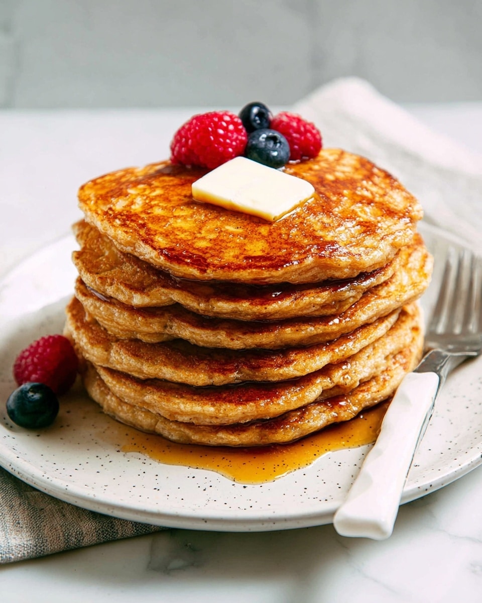 A stack of seven golden-brown pancakes sits on a round white plate, each pancake showing a slightly textured surface with darker edges. On top, there's a square pat of butter that is starting to melt and drizzle down the sides. Bright red raspberries and a single blue blueberry rest beside the butter on the top pancake, with one more blueberry near the plate edge. Golden syrup slowly flows over the pancakes, pooling a little on the plate. To the right of the plate, a fork with a white handle and silver prongs is placed, next to a folded cloth napkin on a white marbled texture surface. Photo taken with an iphone --ar 4:5 --v 7
