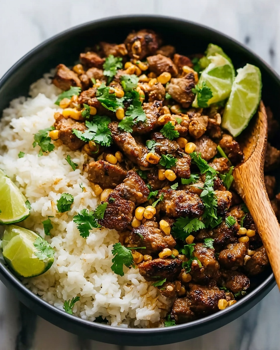 A close-up of a bowl filled with two layers, the bottom layer is fluffy white rice with a soft texture, and the top layer is browned, grilled pieces of meat with a slightly crispy surface mixed with small bits of corn and fresh green cilantro leaves scattered throughout. On one side, there are two fresh lime slices adding a bright green color, and a wooden spoon is partially visible on the right edge of the bowl. The bowl is white and set on a white marbled surface. Photo taken with an iphone --ar 4:5 --v 7