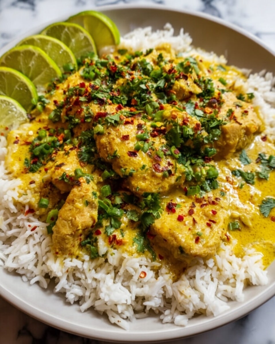A white plate holds a bed of white fluffy rice topped with a creamy yellow curry sauce covered chicken pieces. The chicken is garnished with chopped green herbs, red chili flakes, and small bits of green vegetables. On the side of the plate, there are two slices of bright green lime. The whole dish sits on a white marbled surface. Photo taken with an iphone --ar 4:5 --v 7
