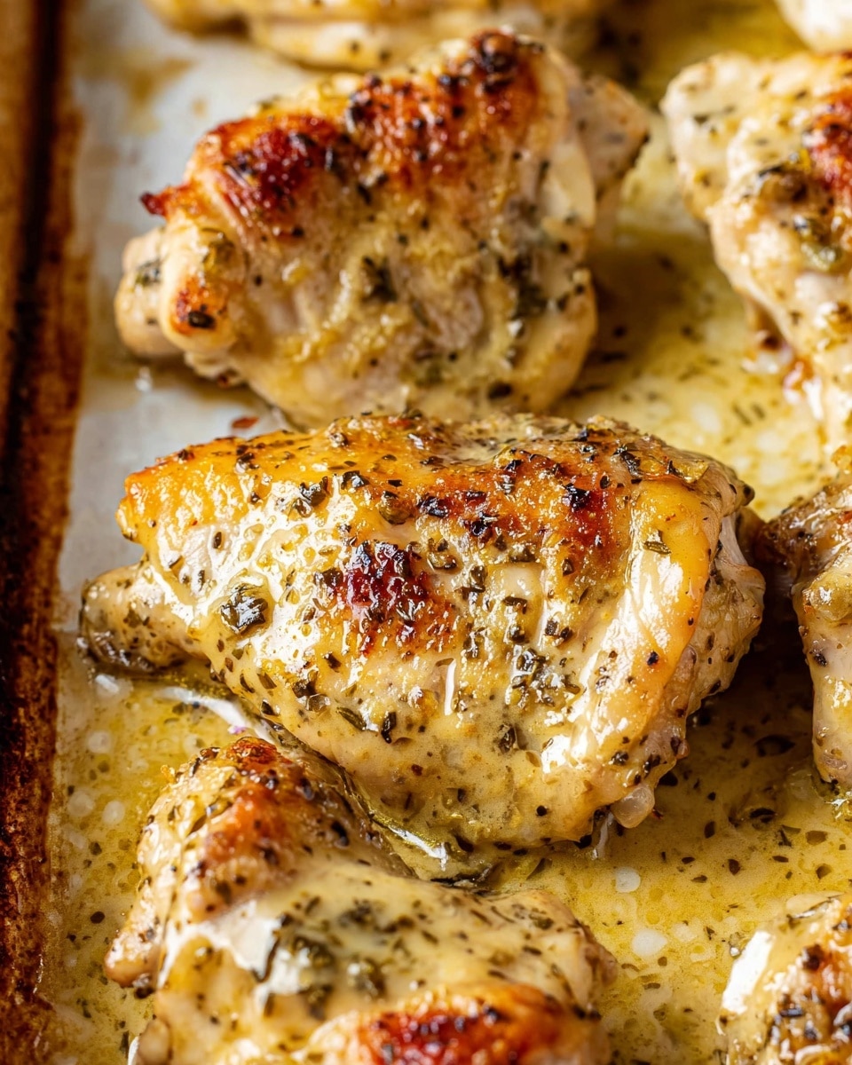 Close-up of cooked chicken pieces on a baking tray, showing browned and slightly crispy skin with a creamy, light brown sauce coating each piece. The chicken looks juicy with specks of black pepper and herbs visible on the surface, and some parts glistening with melted butter or oil. The edges of the tray show slight browning, suggesting the chicken was roasted or baked. The background is a white marbled texture. photo taken with an iphone --ar 4:5 --v 7
