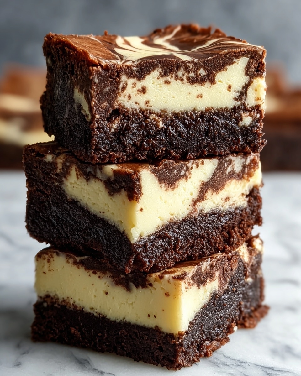 The image shows a close-up of three stacked brownies with three visible layers. The bottom layer is a dark, rich chocolate brownie with a dense and moist texture. The middle layer is a creamy, pale yellow cheesecake that is smooth and thick. The top layer is another dark chocolate brownie with a slightly cracked, thin crust and a soft inside. The layers are uneven but clearly defined, and the brownies have a fudgy appearance. The background is a white marbled texture. photo taken with an iphone --ar 4:5 --v 7