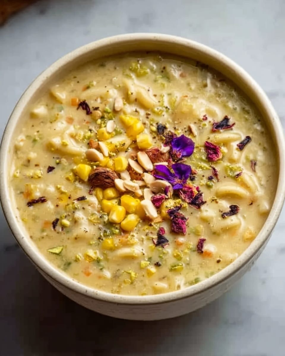 A white bowl filled with creamy oatmeal topped with bright yellow mango pieces, a few deep red flower petals, white almond slices, and small brown nut bits. The oatmeal has a smooth, thick texture with visible grains throughout. The bowl sits on a white marbled surface with soft lighting highlighting the fresh toppings and creamy oats. Photo taken with an iphone --ar 4:5 --v 7