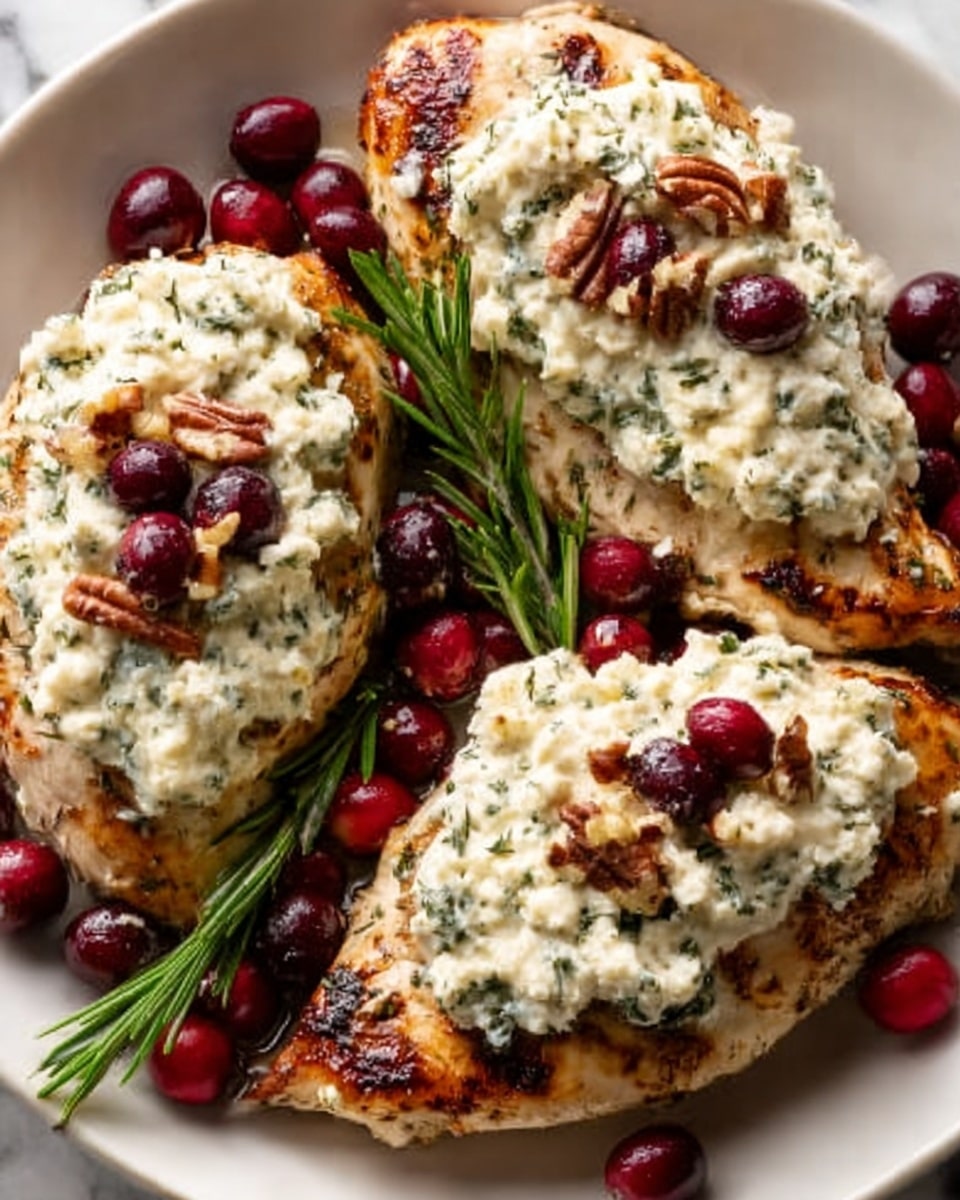 The image shows three cooked chicken breasts placed on a white plate. Each chicken breast is golden-brown with a slightly crispy texture and topped with a creamy white mixture that contains small green herb pieces. Bright red cranberries are scattered around the chicken, adding shiny pops of color, along with a few whole pecans and sprigs of green rosemary that add texture and detail. The white plate sits on a white marbled surface. photo taken with an iphone --ar 4:5 --v 7
