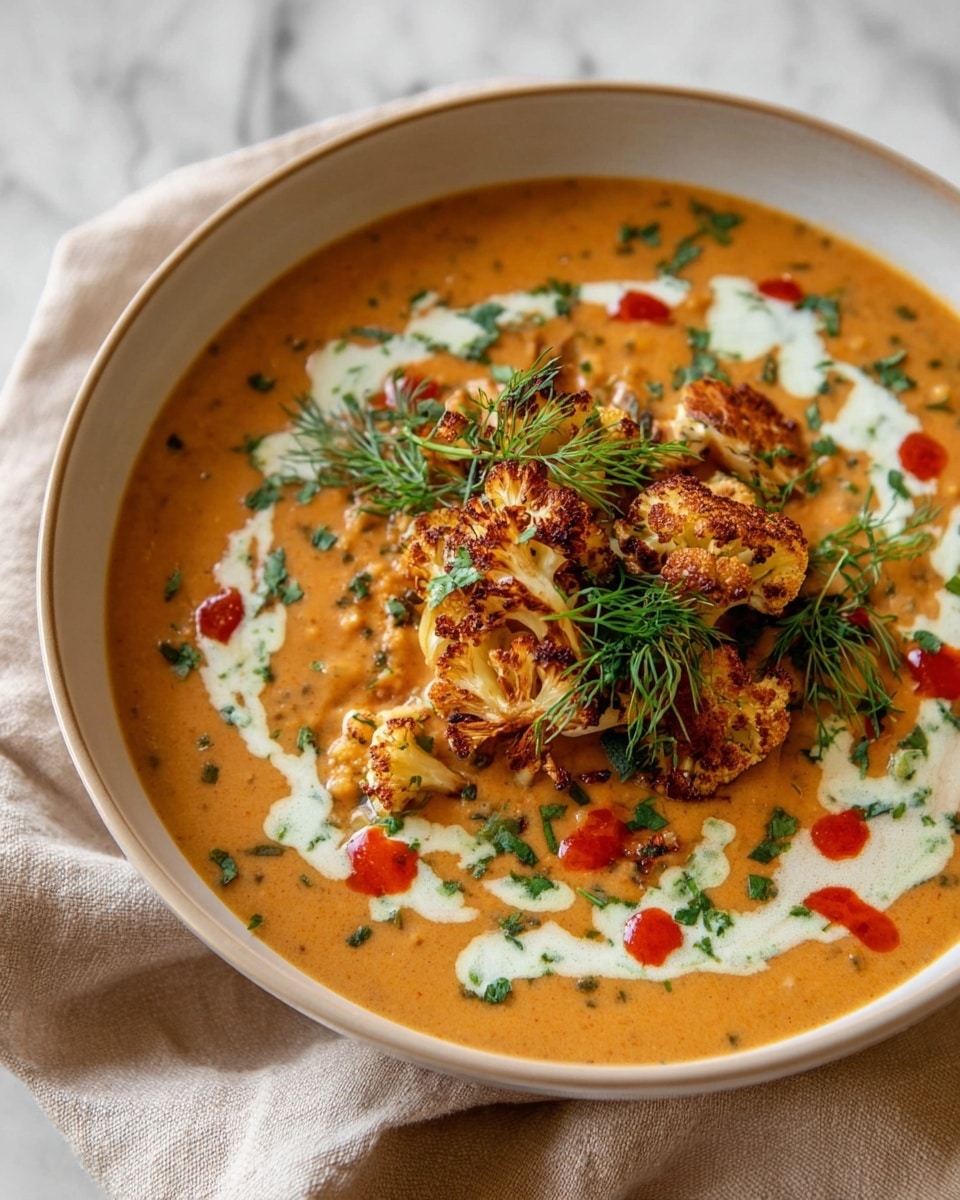 A white bowl filled with a thick, orange creamy soup layered as the base, speckled with small bits of vegetables or beans. On top, there are roasted pieces of browned cauliflower piled in the center, covered with three swooshes of a light green creamy sauce spread around the cauliflower. The dish is garnished with small chopped green herbs and some fresh dill sprigs, with a drizzle of bright red sauce adding contrast. The bowl is placed on a beige cloth over a white marbled surface. Photo taken with an iphone --ar 4:5 --v 7