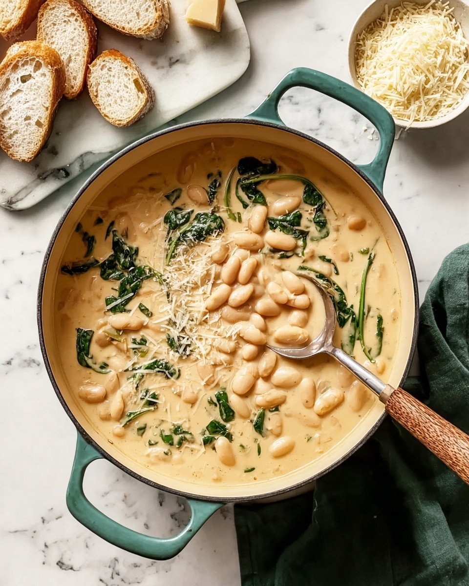 The image shows a deep white pot with teal handles containing a creamy, light beige soup filled with whole white beans and topped with wilted dark green leafy vegetables. A silver spoon rests inside the pot on the right side, scooping some beans and soup. To the upper left, there is a wooden board with slices of crusty bread, and to the upper right, a small white bowl filled with grated cheese. The pot and ingredients sit on a white marbled surface with a soft green cloth partially visible at the bottom right. photo taken with an iphone --ar 4:5 --v 7