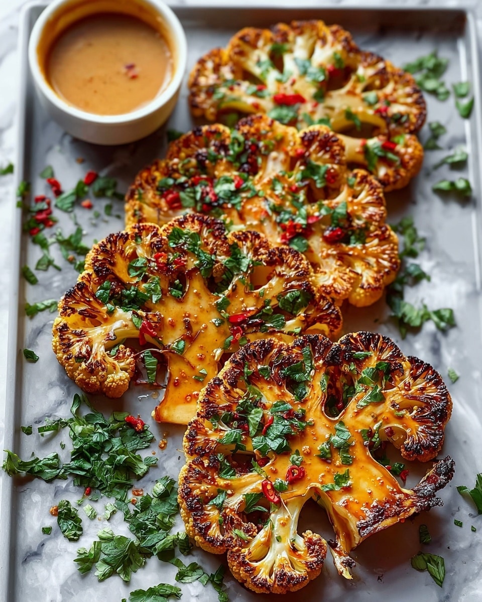 On a metal baking tray placed on a white marbled surface, there are five golden-brown grilled cauliflower steaks with visible charred edges and a slightly crispy texture. Each cauliflower slice is thick, showing the white core surrounded by caramelized orange-brown florets. The steaks are garnished with small bits of red chili flakes and scattered fresh green parsley leaves adding a touch of color. In the top left corner of the tray, there is a small white bowl filled with creamy, light brown dipping sauce with a glossy surface and a delicate swirl pattern. The overall look is warm and inviting, with some extra parsley leaves and oil drops scattered on the tray. Photo taken with an iphone --ar 4:5 --v 7