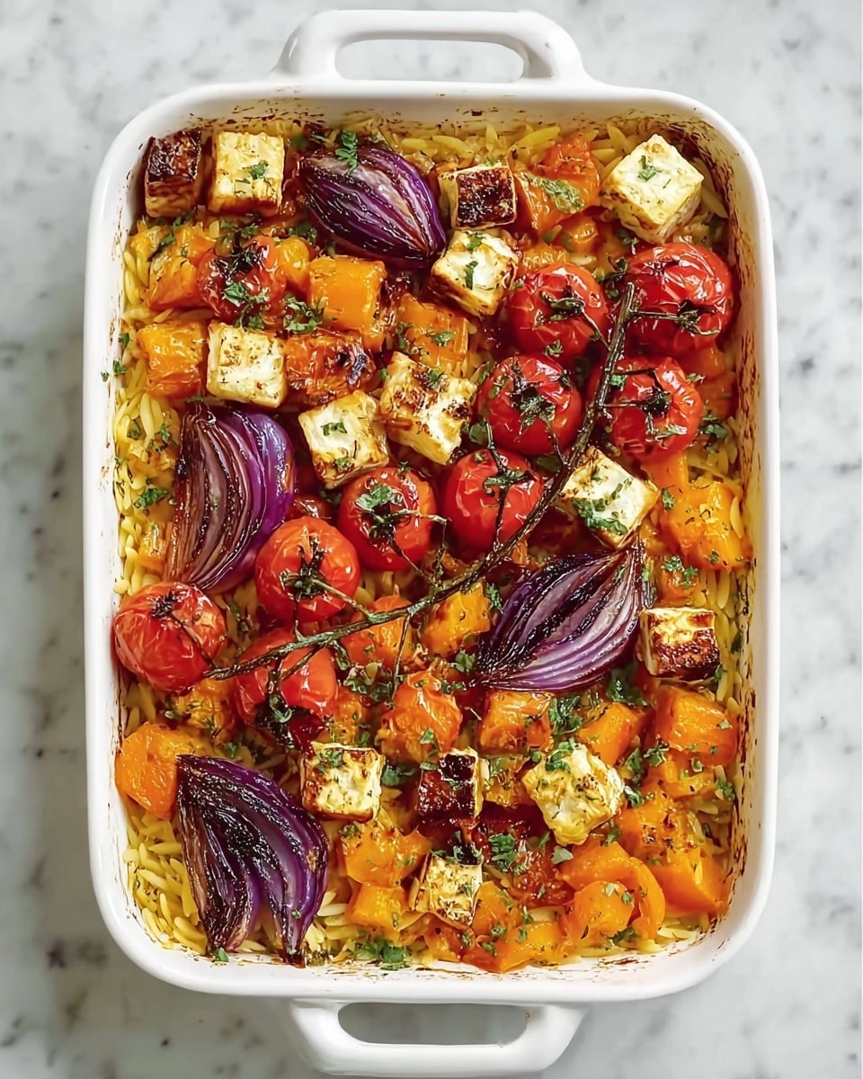 A white rectangular baking dish filled with a golden-brown orzo base that looks soft and cooked, topped with several bright orange chunks of roasted butternut squash, scattered white cubes of grilled halloumi cheese with light brown grill marks, whole red cherry tomatoes with slightly shiny skins, and wedges of caramelized purple-red onion. The dish is garnished with a sprinkling of finely chopped green herbs, and a few herbs cling to the sides of the dish. The background is a white marbled texture. photo taken with an iphone --ar 4:5 --v 7
