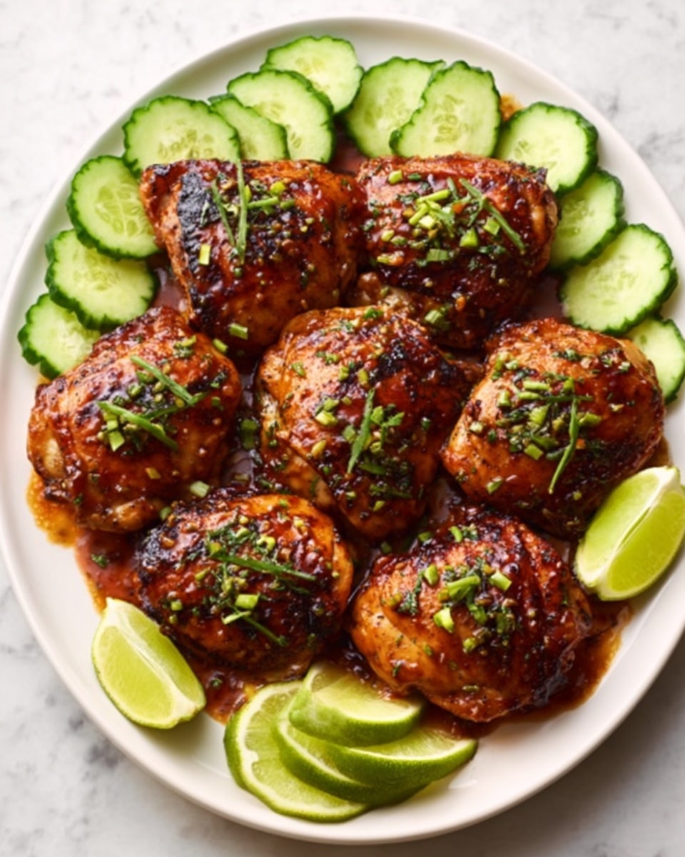 A white oval plate filled with seven pieces of grilled chicken thighs, each coated in a shiny, dark reddish-brown glaze with small green herb bits sprinkled on top. Around the chicken, there are lime wedges placed on the lower right and left sides of the plate. At the top of the plate, there is a layer of thin, round cucumber slices arranged neatly in a row. The whole plate is set on a white marbled surface with some green herbs scattered nearby. Photo taken with an iphone --ar 4:5 --v 7