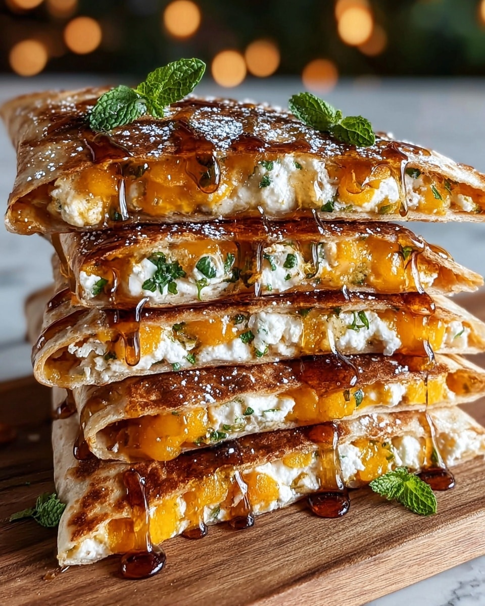 A stack of six golden-brown quesadilla pieces, each folded with two main layers: a lightly toasted, crispy tortilla on the outside with a shiny, slightly oily texture, and inside, creamy white cheese mixed with small green herb bits paired with bright, chunky orange mango pieces that add a juicy contrast; drizzled with dark honey or syrup that pools lightly around the edges, topped with fresh green mint leaves and a light sprinkle of green herbs, all resting on a wooden board placed on a white marbled surface, warm blurred lights in the background. photo taken with an iphone --ar 4:5 --v 7