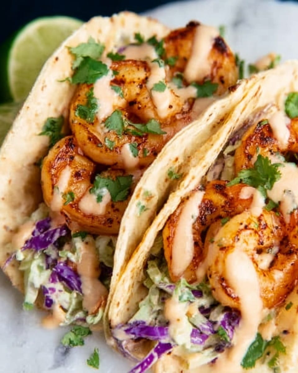 Two shrimp tacos are shown closely on a white surface with a white marbled texture. Each taco has a soft, light beige corn tortilla as the base. The first layer inside the tortillas is a mix of finely shredded green and purple cabbage, giving a fresh crunch with green and purple colors. On top of the cabbage are several grilled shrimp, cooked to a light orange color with some char marks, adding a slightly crispy texture. A creamy white sauce is drizzled generously over the shrimp, with small bits of green cilantro leaves scattered across the top for a fresh touch. The image is bright and colorful, focusing on the detail of the taco layers. Photo taken with an iphone --ar 4:5 --v 7