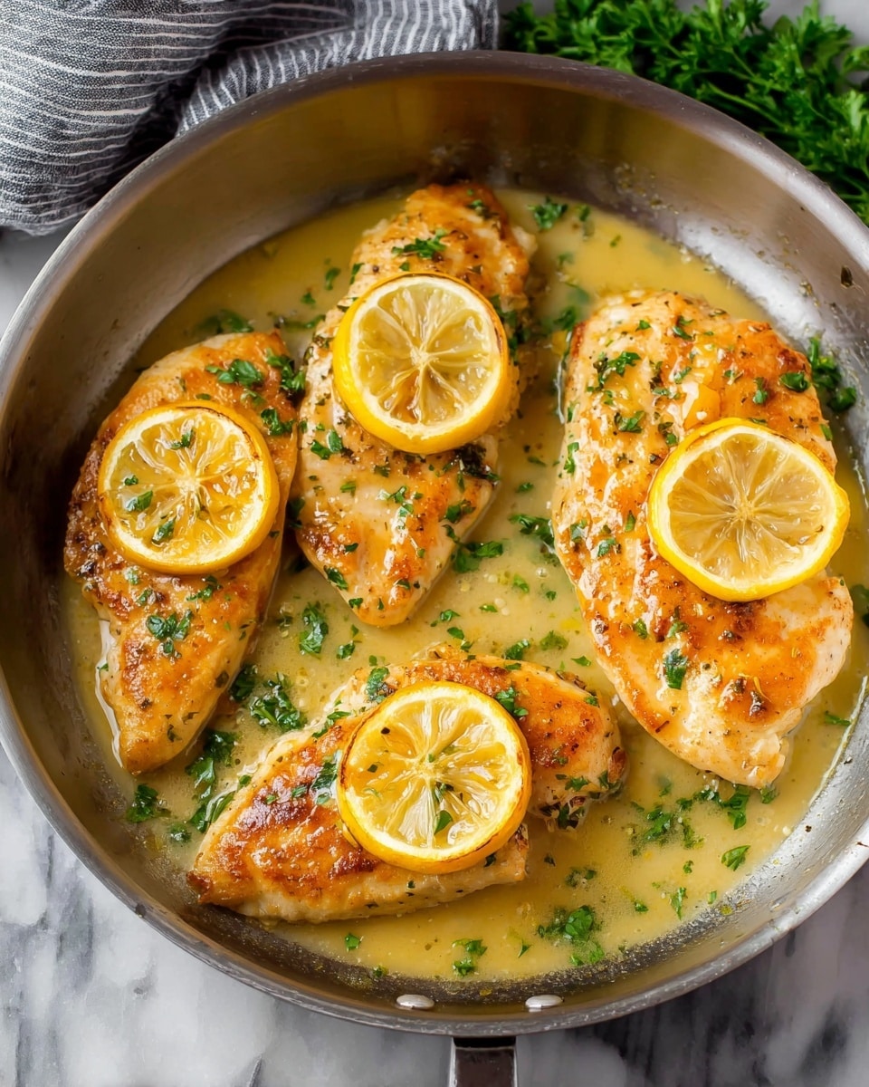 A pan with three golden-brown cooked chicken breasts, each topped with a round slice of grilled lemon showing light char marks; the chicken is covered in a light, glossy lemon sauce with small green herb pieces sprinkled on top and around, with some small parsley sprigs placed beside the chicken. The pan has a silver metal rim and is set on a white marbled surface. photo taken with an iphone --ar 4:5 --v 7