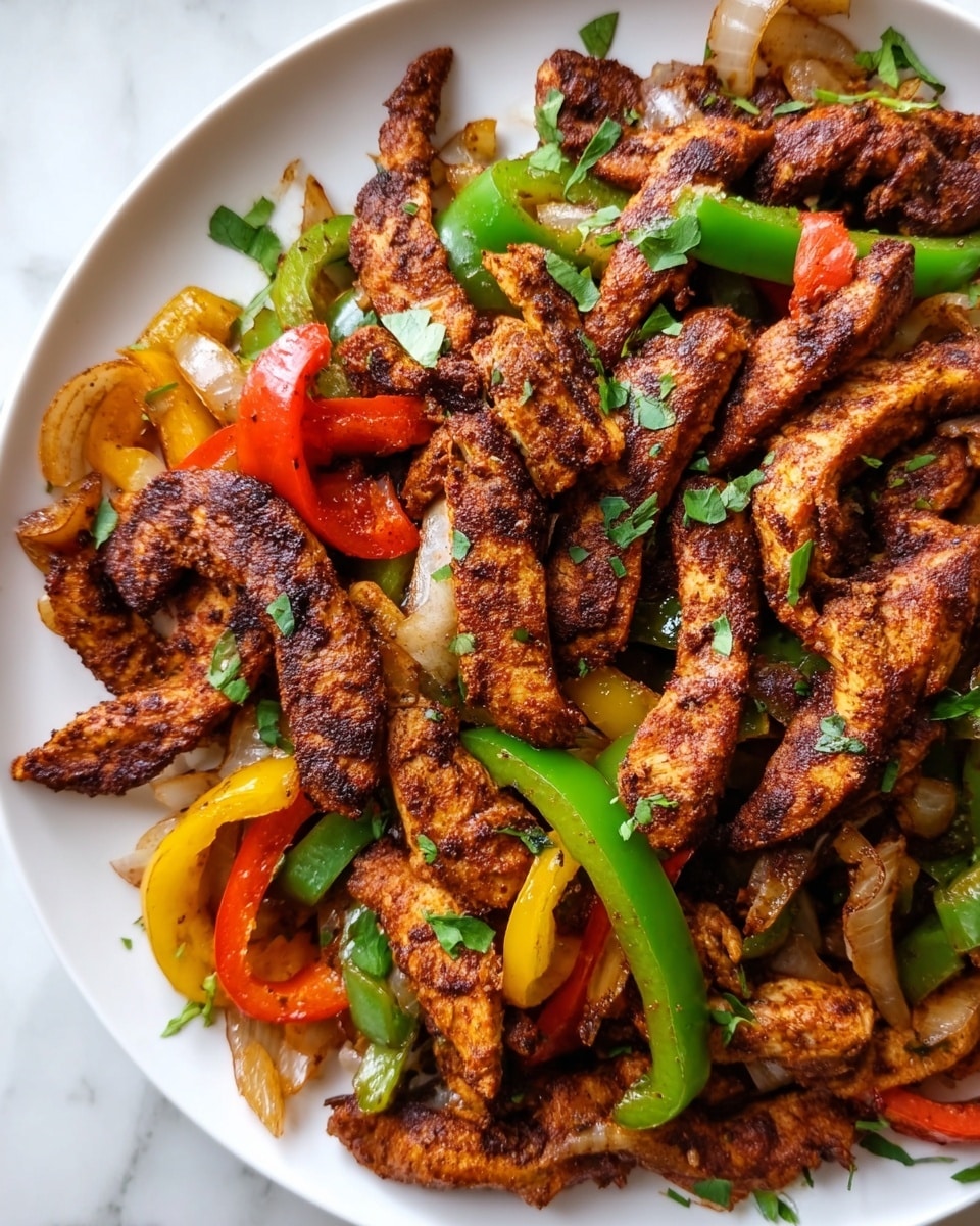 This dish shows a close-up of cooked chicken strips and sautéed bell peppers on a white plate. The bottom layer is made of soft, cooked slices of red, green, and yellow bell peppers mixed with translucent, slightly browned onion pieces. On top, there are many golden-brown, slightly charred chicken strips with a rich seasoning. The whole dish is sprinkled with small, chopped green herbs for a fresh look. The plate sits on a white marbled surface. photo taken with an iphone --ar 4:5 --v 7