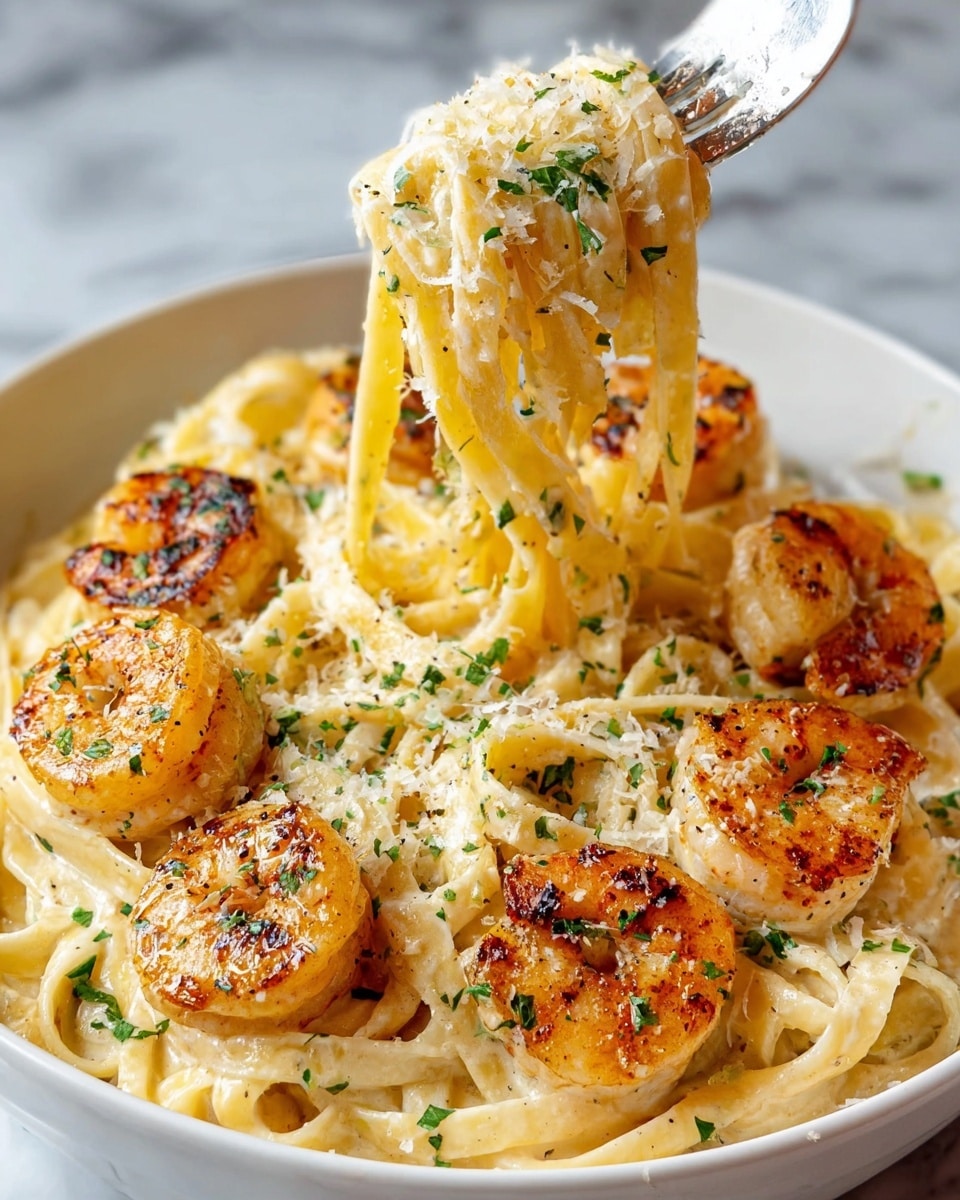 A white shallow bowl filled with creamy pasta topped with grilled shrimp and sprinkled with finely chopped green herbs and grated cheese. The pasta strands are light yellow and coated in a smooth, creamy sauce forming the base layer, while the golden-brown grilled shrimp are placed evenly on top, adding texture and color contrast. A silver fork holds a twirl of pasta above the bowl, showing the creamy sauce clinging to the noodles. The dish sits on a white marbled surface. photo taken with an iphone --ar 4:5 --v 7