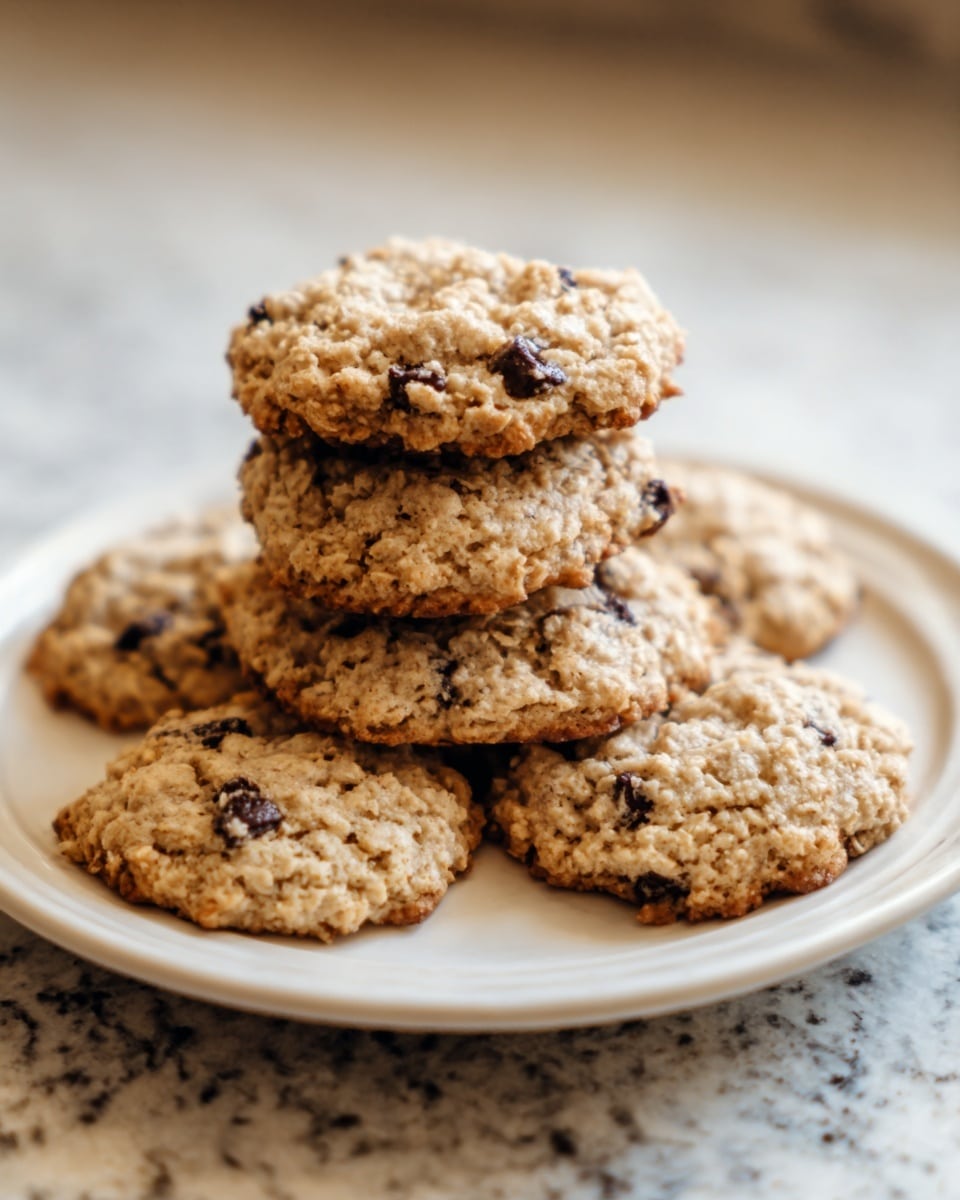 A close-up image of a small stack of six oatmeal cookies with dark chocolate chips on a white plate. The cookies have a golden-brown color with a rough, crumbly texture. The plate is sitting on a white marbled surface, and the background is softly blurred, showing hints of wooden kitchen items. The photo captures warm, natural lighting, highlighting the cookies' oats and chocolate pieces clearly. Photo taken with an iphone --ar 4:5 --v 7