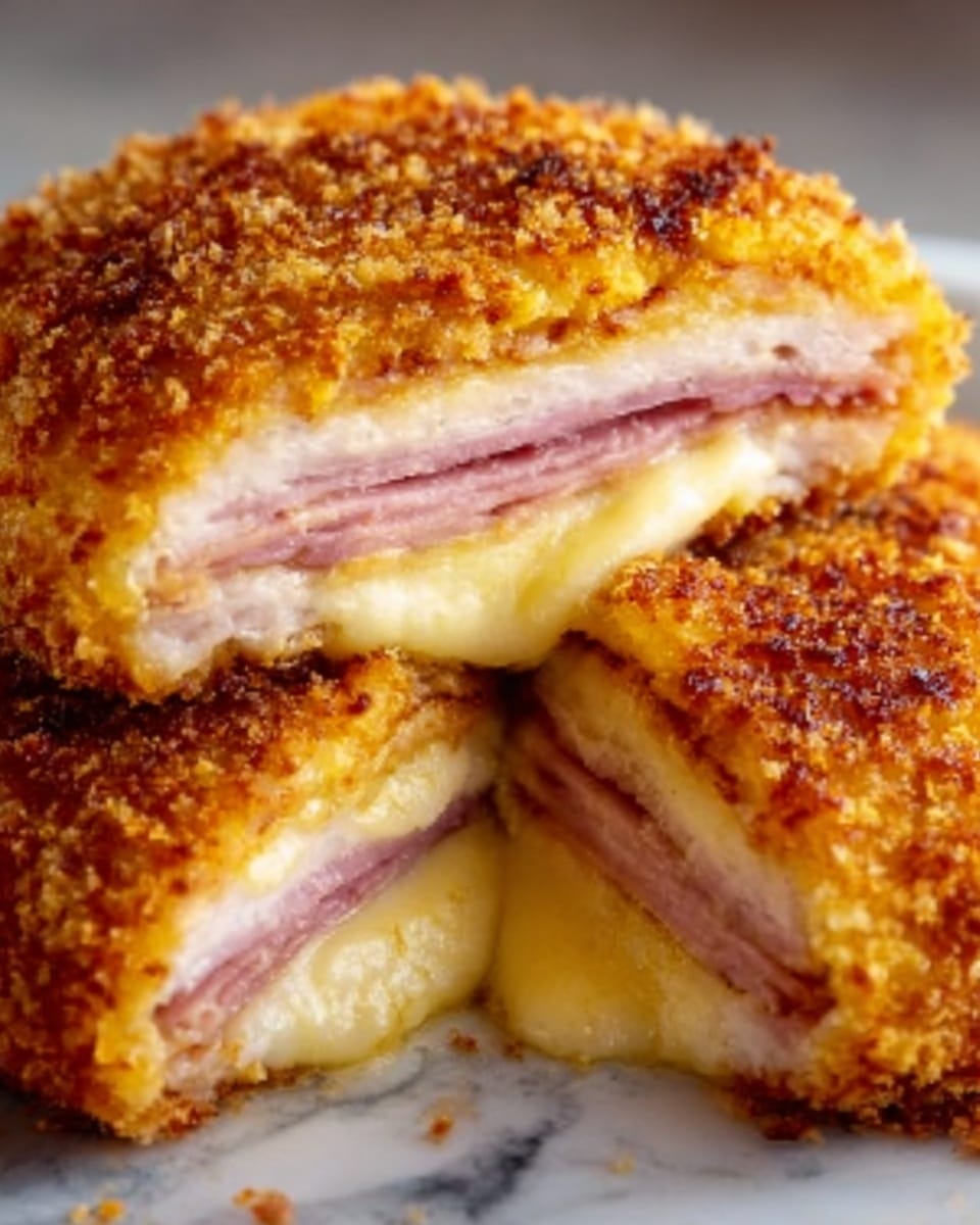 A close-up view of a crispy breaded chicken cutlet cut in half to show the inside. The cutlet has a crunchy golden-brown bread crumb outer layer. Inside, there are two layers: a thin pink layer of ham in the middle, and a melted light yellow cheese layer beneath the ham, oozing out slightly. The cutlet pieces rest on a white plate set on a white marbled surface, with a blurred background of dishes. Photo taken with an iphone --ar 4:5 --v 7