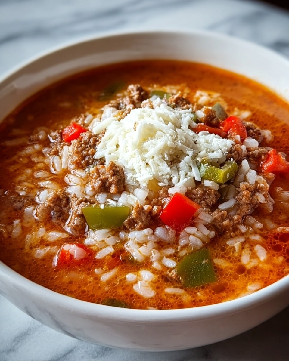 A close-up view of a white bowl filled with a warm soup made of red broth, visible ground beef pieces, white rice grains, and vibrant green and red bell pepper chunks. On top of the soup is a small heap of shredded white cheese, slightly melted. The soup’s surface glistens with a slight oily shine, and the ingredients are mixed evenly, showing a rich and hearty texture. The photo has a clear focus on the center of the soup, with the bowl resting on a white marbled surface. photo taken with an iphone --ar 4:5 --v 7