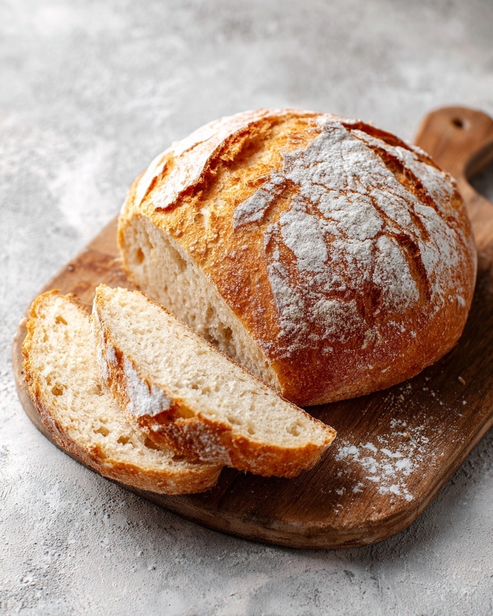 A round loaf of bread with a golden brown crust and white flour dusted on top rests on a wooden board. The loaf has deep, curved cuts on its top, showing a soft, airy white inside. Next to the loaf lie two thick slices of bread revealing their light, porous crumb texture and slightly browned edges. The surface underneath is a white marbled texture. photo taken with an iphone --ar 4:5 --v 7