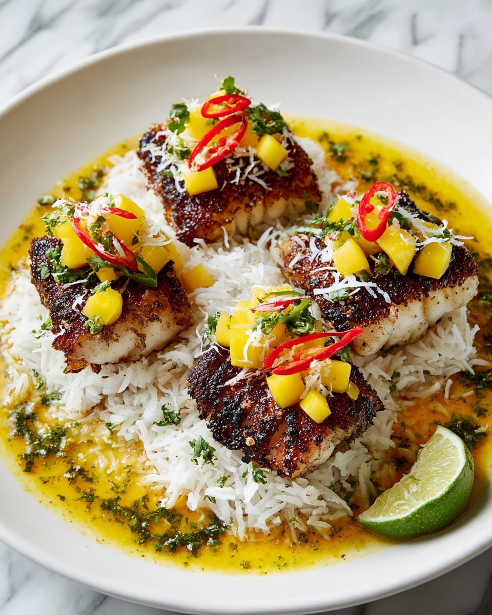 A white plate holds a vibrant dish with three pieces of grilled fish, each piece golden brown with a slightly charred, crispy texture, arranged on top of a bed of fluffy white rice sprinkled with fresh green cilantro leaves. Around the rice and fish is a creamy orange sauce, rich and smooth, dotted with small red chili slices and tiny bits of green herbs. On top of the fish, there is a colorful garnish made of small yellow mango cubes, thin red chili slices, and fresh green cilantro leaves. A wedge of bright green lime with a juicy, textured surface sits at the front edge of the rice, adding a fresh contrast to the dish. The background is a white marbled texture. photo taken with an iphone --ar 4:5 --v 7