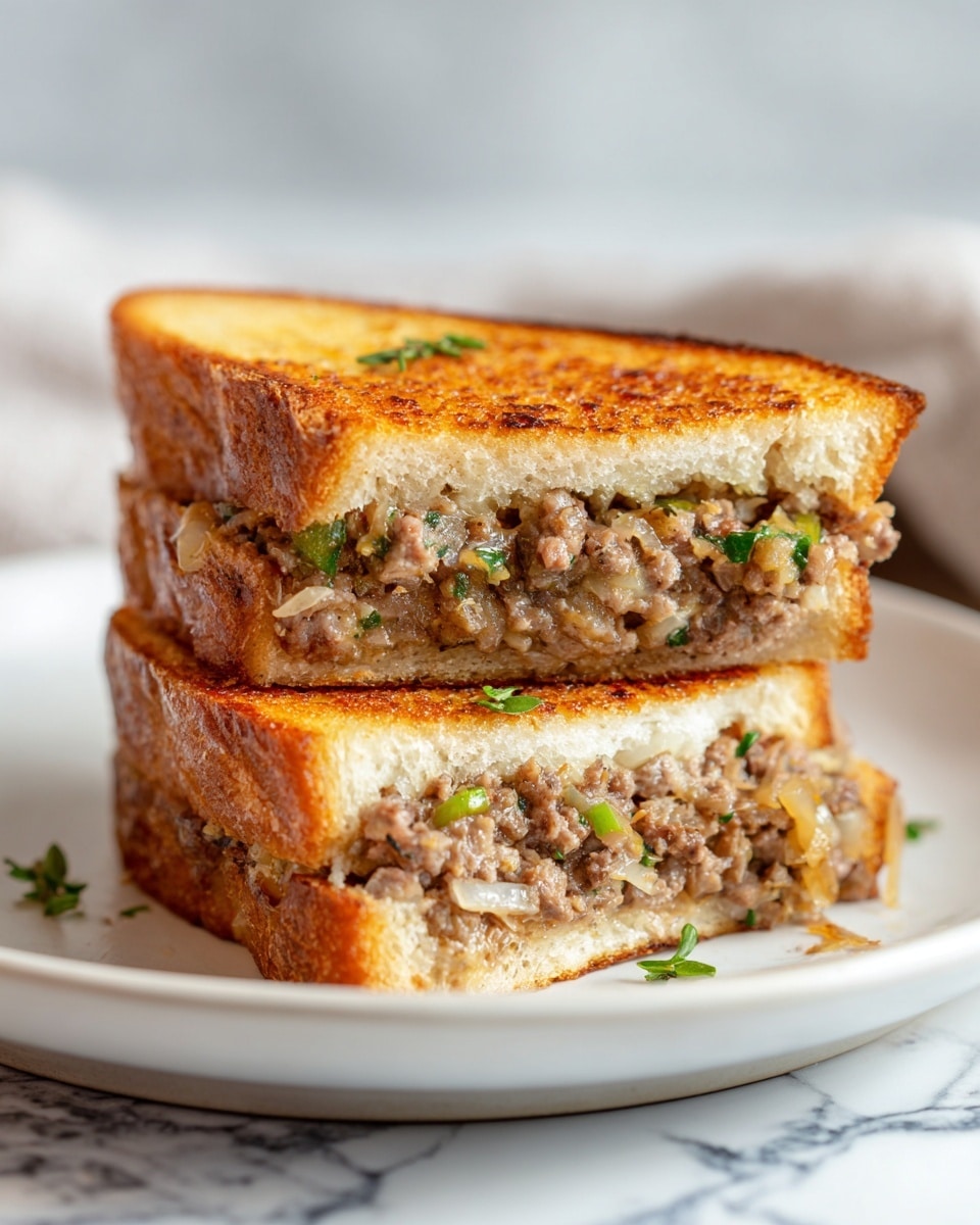 The image shows a sandwich cut in half and stacked, placed on a white plate sitting on a white marbled surface. Each half has a thick, golden-brown crust that looks soft and slightly toasted. Inside, there are two layers of filling with a mix of cooked ground meat and green herbs or vegetables finely chopped, giving a speckled brown and green texture. The filling looks juicy and well mixed, tightly packed inside the bread. The background is softly blurred with warm light. Photo taken with an iphone --ar 4:5 --v 7