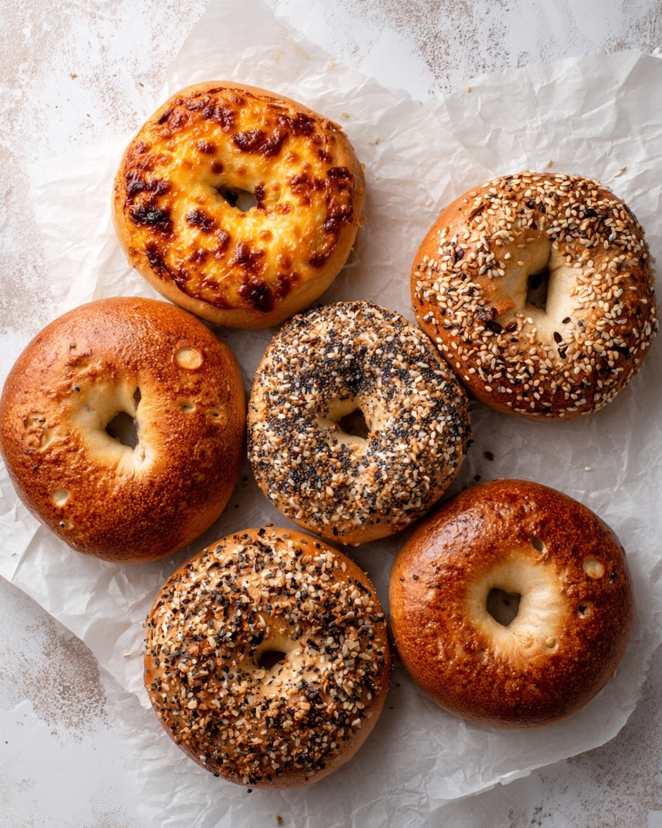 A close-up image of five bagels arranged on white parchment paper on a white marbled surface. The bagel in the front left has a golden brown crust topped with a mix of sesame seeds, poppy seeds, and onion flakes. Next to it on the front right is a plain shiny golden brown bagel with a smooth crust and a small hole in the middle. Behind these, the bagel on the left is covered with melted, browned cheese that drips slightly down the sides, while the one in the back right is topped with the same seed and seasoning mix as the front left bagel. An additional plain golden bagel is mostly visible in the background, completing the group. The lighting is natural, highlighting the texture and color of the bagels. photo taken with an iphone --ar 4:5 --v 7