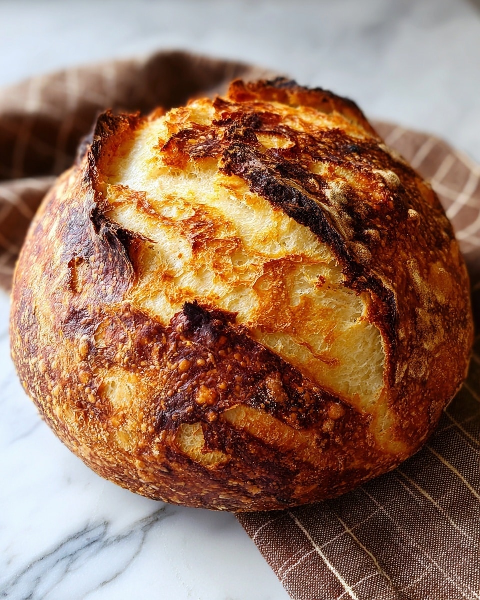 A round loaf of bread with a deep golden brown crust and darker burnt spots all over sits on a white marbled surface. The crust is thick, cracked, and textured with uneven blistered patches giving it a rustic, artisanal look. Large, crispy flakes curl up from the top edges, revealing softer, lighter crumb underneath. There is a slight crossing pattern scored into one side near the bottom-left. Next to the bread, a piece of cloth with a neutral checkered pattern is partially visible. photo taken with an iphone --ar 4:5 --v 7