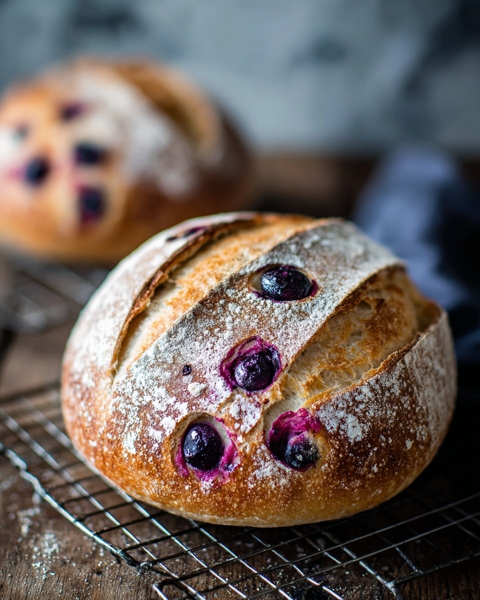 A round loaf of bread with a golden-brown crust sits on a metal cooling rack over a wooden surface. The bread has two deep slashes on top, showing a contrast between the crisp brown crust and the lighter, softer inner bread. Embedded within the dough are many dark purple blueberries, some with juice slightly staining the surrounding bread a pinkish-purple. A light dusting of flour covers parts of the crust, giving a rustic look. In the background, another similar loaf is slightly out of focus. The whole scene is set against a white marbled texture. photo taken with an iphone --ar 4:5 --v 7