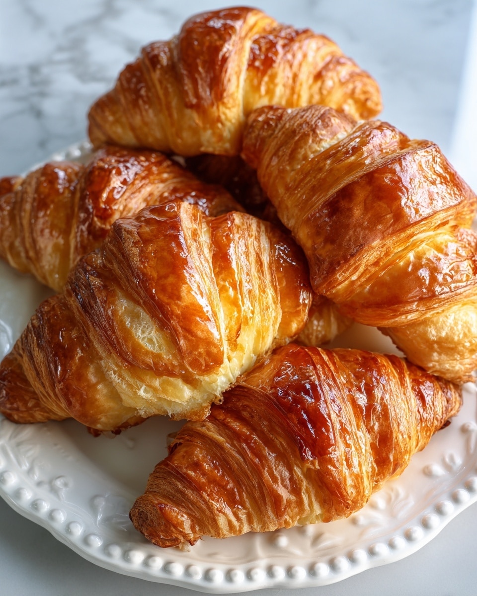 A close-up of several golden brown croissants showing many thin layered folds and a shiny, slightly crisp outer texture, all arranged on a white plate with delicate floral detailing, set against a white marbled surface. The croissants vary slightly in size, with curved shapes and visible airy layers inside. The light reflects softly on the glossy tops, highlighting the smooth buttery finish. photo taken with an iphone --ar 4:5 --v 7