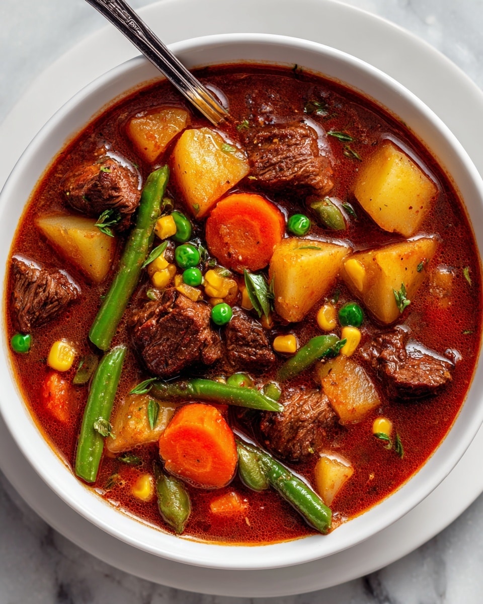 The image shows a white bowl filled with a thick stew that has several layers of ingredients. The base layer is a rich, reddish-brown broth. Floating within are chunky pieces of tender brown beef, along with green peas, small round slices of orange carrots, light yellow corn kernels, green beans, and large chunks of pale yellow potatoes. The white bowl sits on a matching white plate, all placed on a white marbled surface. Photo taken with an iphone --ar 4:5 --v 7