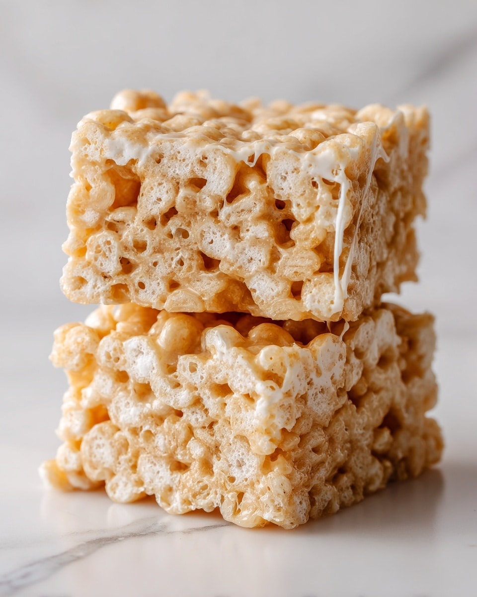 The image shows a close-up view of a crispy rice treat bar with a sticky, gooey texture. The treat consists of three visible layers, each made of light tan and white crispy rice cereal bound together by melted marshmallows, which create shiny, stretchy strands connecting the pieces. The top layer has a glossy, slightly uneven surface with individual cereal pieces sticking out. The middle layer is thicker and shows the marshmallow strands pulled, making it look soft and chewy, while the bottom layer is dense with compact crispy rice clusters. The focus is tight, highlighting the texture and stickiness of the treat against a blurred white marbled background. photo taken with an iphone --ar 4:5 --v 7