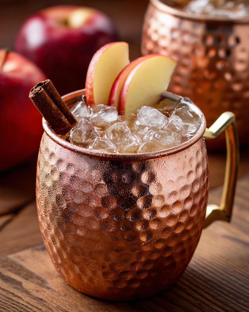 A hammered copper cup filled with a cold drink is shown, with clear ice cubes packed inside the cup. On top, there are two slices of red and white apple nestled among the ice. A single cinnamon stick is placed vertically in the cup, adding a warm brown contrast to the cool drink. The cup sits on a wooden surface with a blurred apple and another similar cup in the background. The drink looks refreshing and spiced. photo taken with an iphone --ar 4:5 --v 7