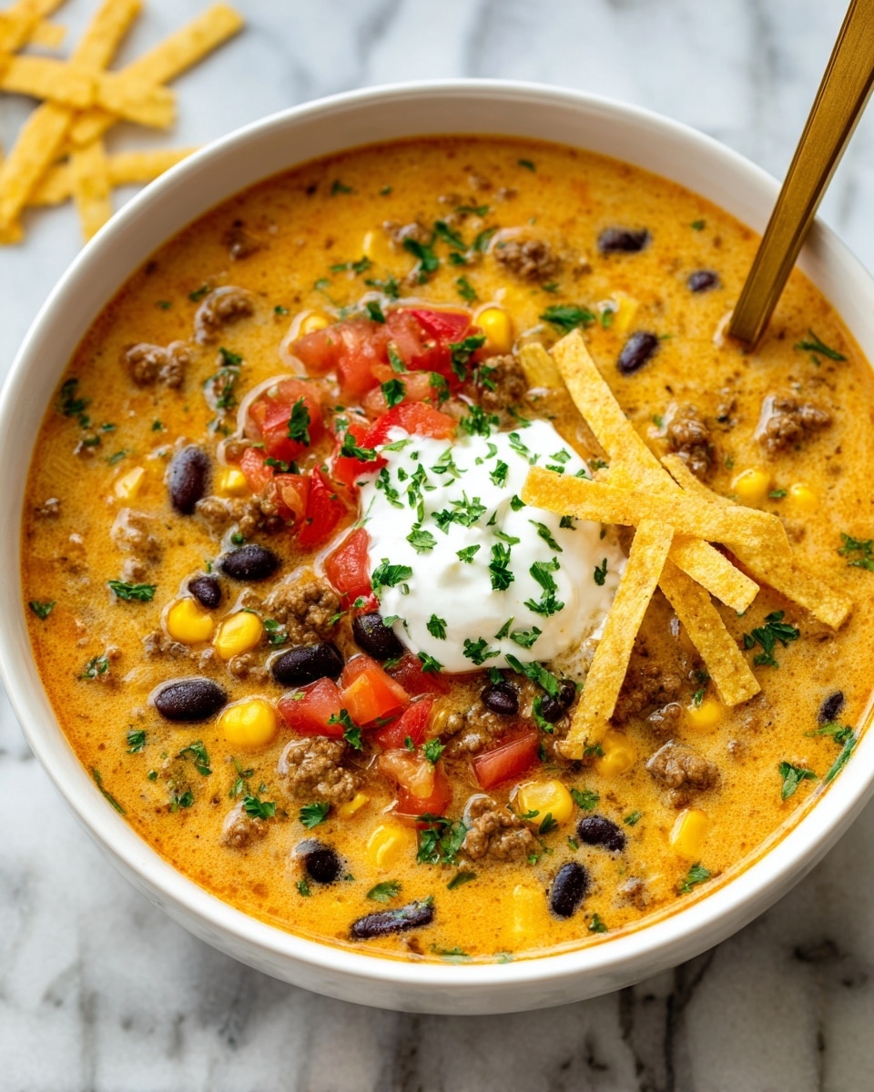 The image shows a bowl of creamy soup with a rich, orange base filled with visible layers of minced meat, yellow corn kernels, and black beans scattered throughout. On the surface, there are several toppings arranged in clusters: thin, crispy, golden strips stacked on the left, bright red diced tomatoes in the middle, and a dollop of white sour cream sprinkled with green herbs slightly to the right. The soup is garnished lightly with green herbs, adding a fresh contrast to the warm tones. A wooden spoon is partially dipped into the soup on the right side of the white bowl, which rests on a white marbled surface. photo taken with an iphone --ar 4:5 --v 7