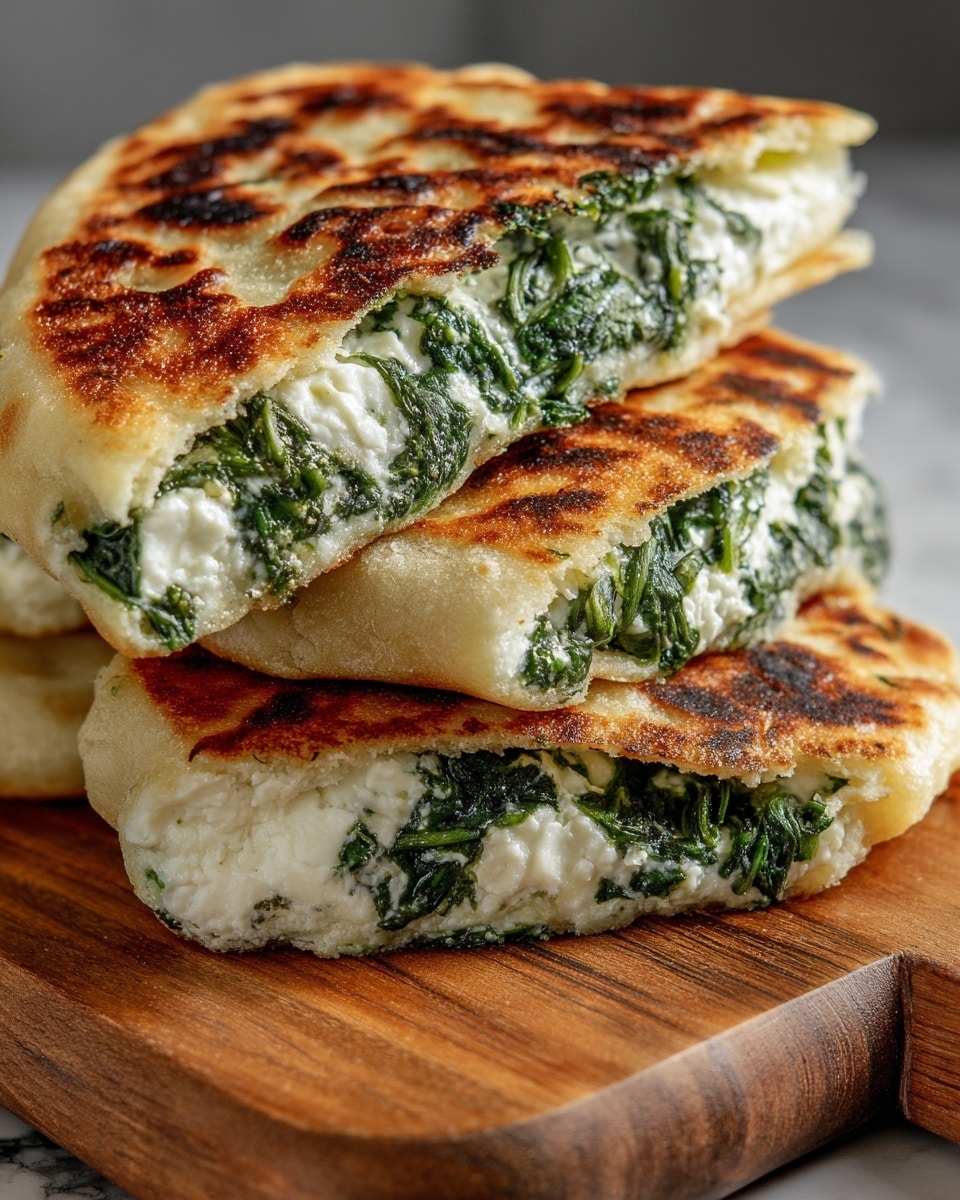 The image shows three stuffed flatbreads placed on a wooden board, with one flatbread cut in half and stacked on top of another. The flatbread is golden brown with darker toasted spots, showing a soft and slightly crispy texture. Inside, there are two filled layers: a white creamy cheese layer and a dark green spinach layer mixed together, giving a fresh leafy look. The flatbread edges are slightly puffed and light beige in color, contrasting with the green and white filling. The background features a white marbled texture. photo taken with an iphone --ar 4:5 --v 7