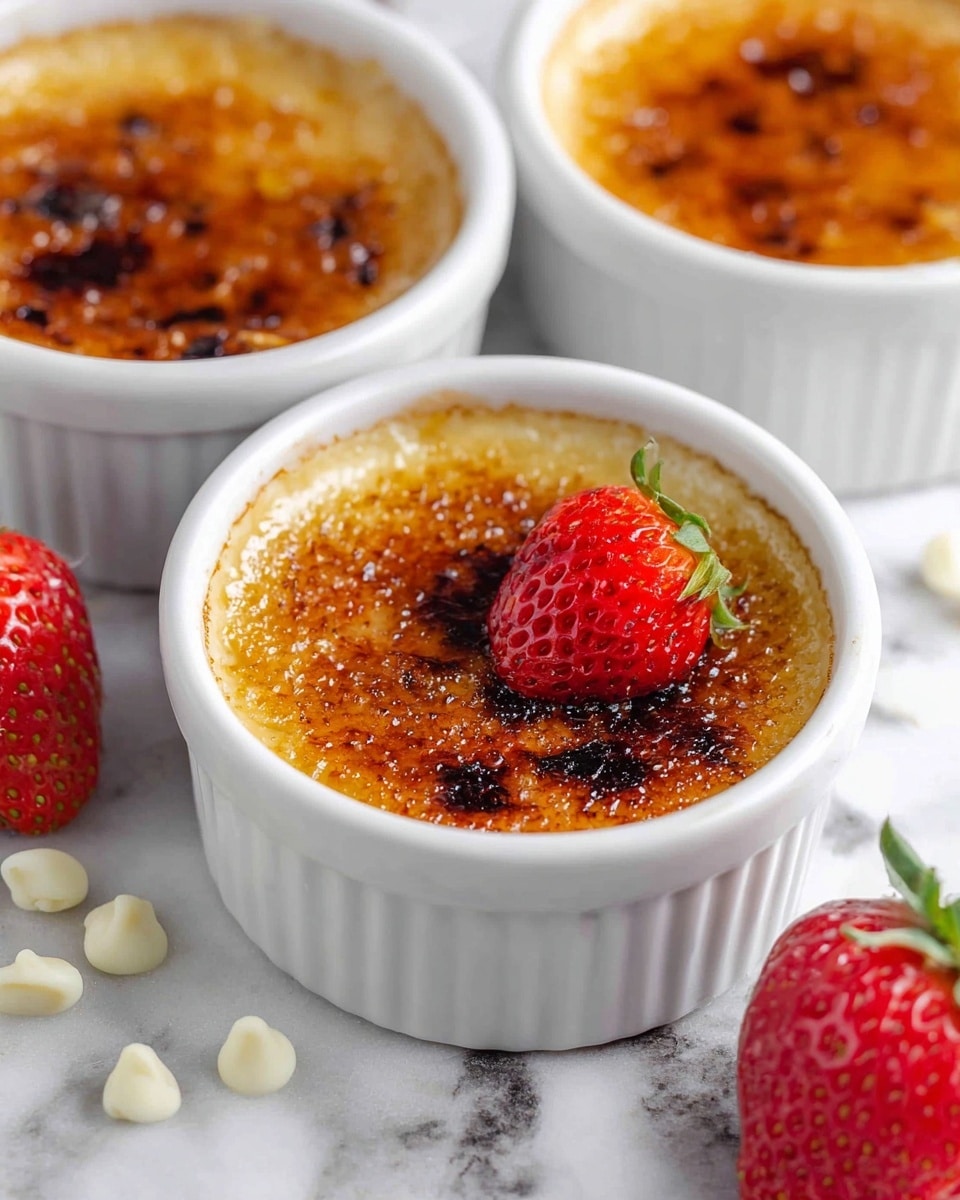 The image shows three white ramekins filled with crème brûlée, each having a shiny, caramelized golden-brown sugar crust on top. The front ramekin has an even, smooth caramel layer with slight dark spots of toasted sugar, covering a creamy yellow custard base underneath. Behind it, one ramekin is topped with a half red strawberry slice lying on the caramel surface. The ramekins sit close together on a white marbled surface, with a whole strawberry and some white chocolate discs placed around them for decoration. The lighting highlights the glossy sugar crust and smooth texture of the custard inside the ramekins. photo taken with an iphone --ar 4:5 --v 7