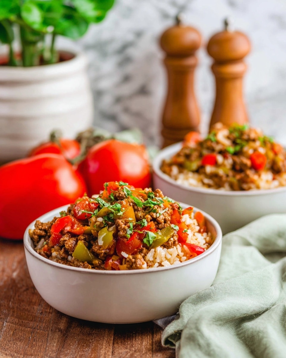 Two white bowls filled with a colorful mixed dish that includes layers of green bell peppers, bright orange and red bell peppers, cooked rice, ground meat, and small bits of herbs like parsley. The mixture looks soft and slightly moist with a varied texture from the vegetables and meat. The bowls sit on a wooden table with fresh red tomatoes and a green kitchen towel nearby. In the blurred background, there is a white marbled surface with a white pot holding green leafy plants and two wooden spice grinders. photo taken with an iphone --ar 4:5 --v 7